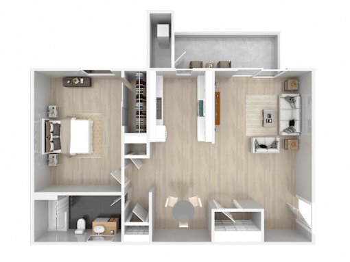 A 3D floor plan of a house with a kitchen, living room, and two bedrooms.