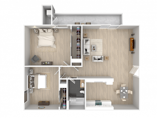 A 3D floor plan of a small apartment with a bedroom, living room, and kitchen.
