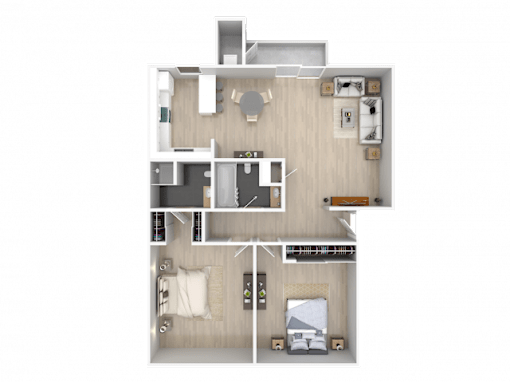 A top-down view of a house layout with a living room, kitchen, and two bedrooms.