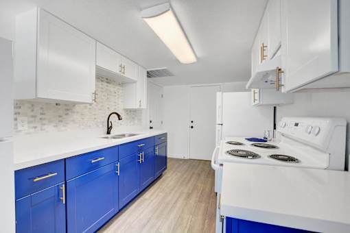 A kitchen with blue cabinets and a white stove top oven.