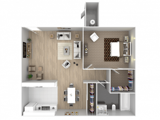 A 3D floor plan of a small apartment with a kitchen, living room, and bedroom.