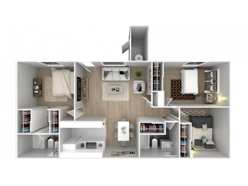 A 3D floor plan of a small apartment with a kitchen, living room, and bedroom.