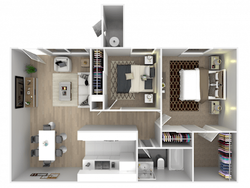 A 3D floor plan of a small apartment with a kitchen, living room, and bathroom.