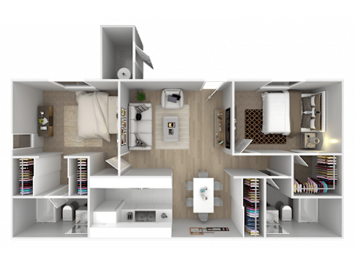 A 3D floor plan of a house with a kitchen, living room, and bedrooms.