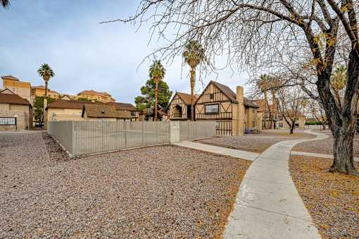 A residential area with houses and trees.