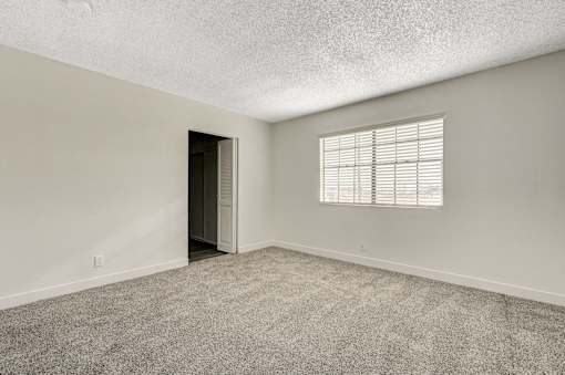 A room with a door and a window with blinds.