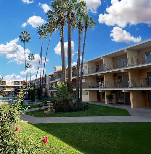 A sunny day at the apartment complex with palm trees and red flowers in the foreground.