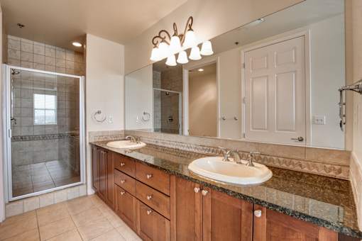A bathroom with a sink, mirror, and shower.