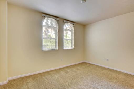 A room with a carpeted floor and two windows.