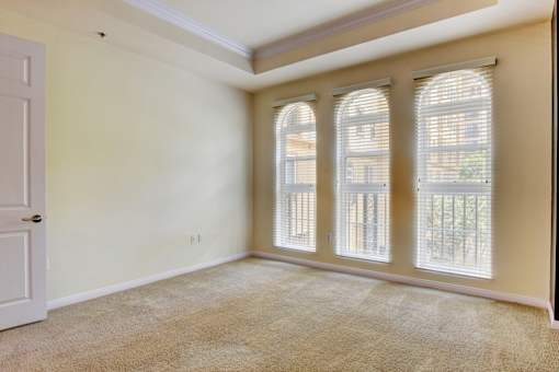 A room with a carpeted floor and three windows.