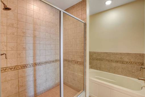 A bathroom with a tiled shower and a bathtub.