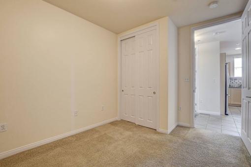 A white door is in a room with beige carpet.