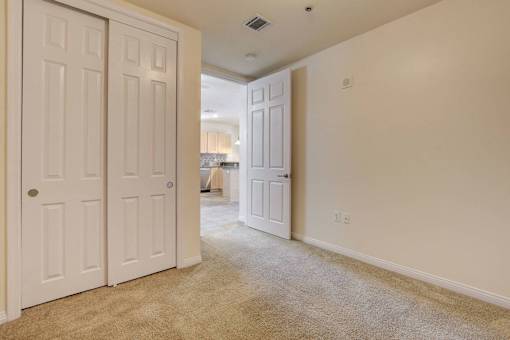 A room with two white doors and a carpeted floor.