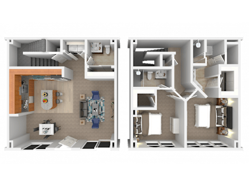 Two floor plans of a house with a kitchen, living room, and bedrooms.