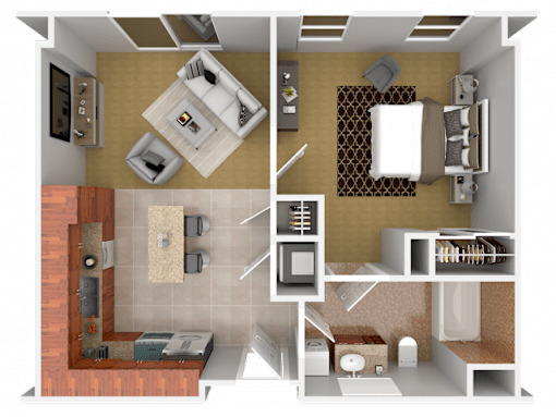 A 3D floor plan of a house showing a kitchen, living room, dining room, and bathroom.