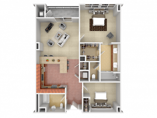 A 3D floor plan of a house with a kitchen, living room, and bedrooms.