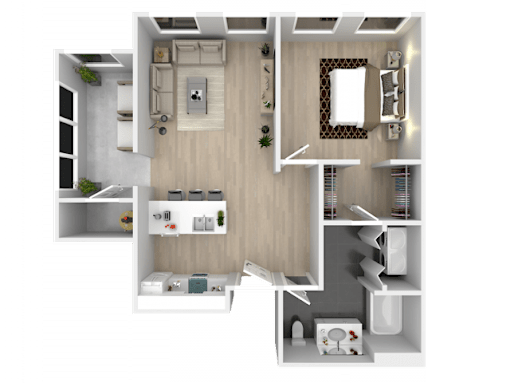 A top-down view of a modern apartment layout with a kitchen, living room, and bathroom.