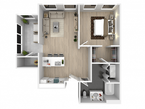A 3D floor plan of a house with a kitchen, living room, and two bedrooms.