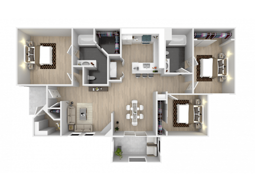 A 3D floor plan of a house with multiple rooms and furniture.