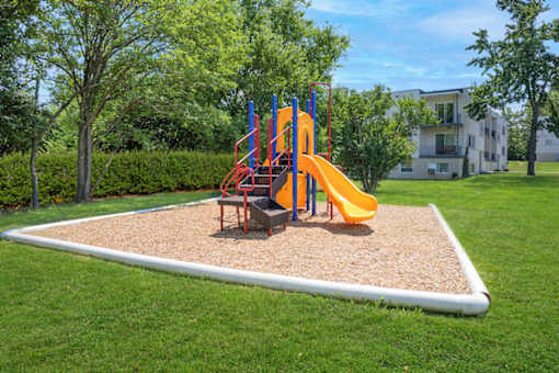 A playground with a yellow slide and a red and blue structure.