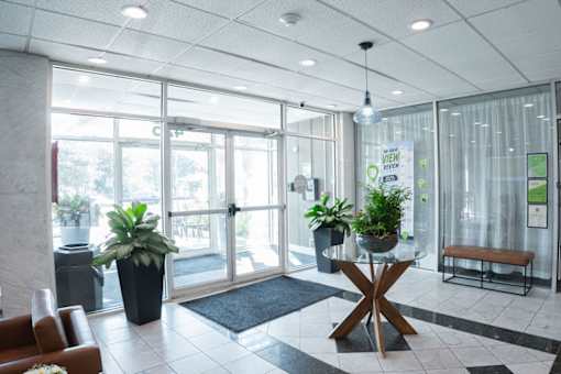 A modern office lobby with a bench, potted plants, and a glass door.