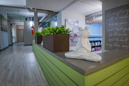 A white mouse statue sits on a green counter.