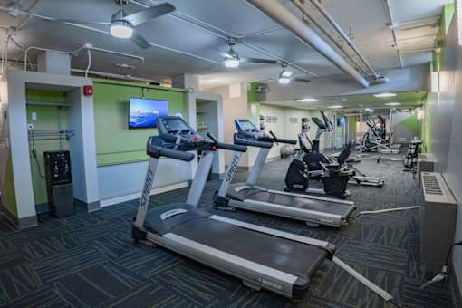 A gym with treadmills, elliptical machines, and other exercise equipment.