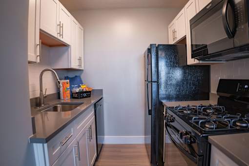 A kitchen with a black fridge and stove.