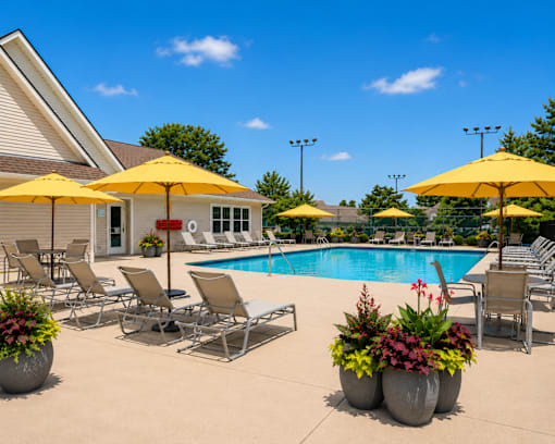 A poolside area with yellow umbrellas and lounge chairs.