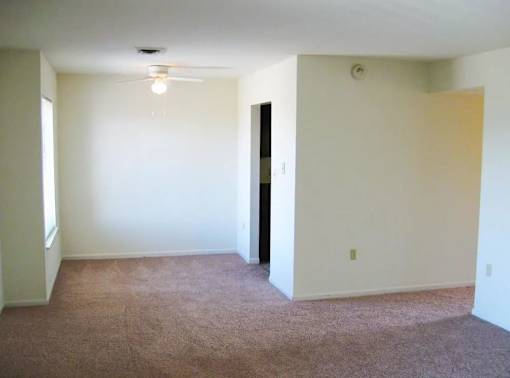 A room with a carpeted floor and a ceiling fan.