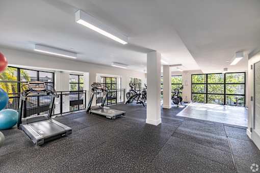 A gym with treadmills, exercise bikes, and weights.