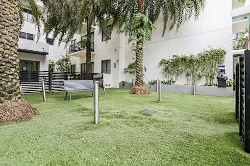 A white building with a green lawn and palm trees.