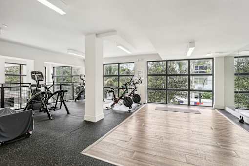 A gym with a variety of equipment and a view of the outside.