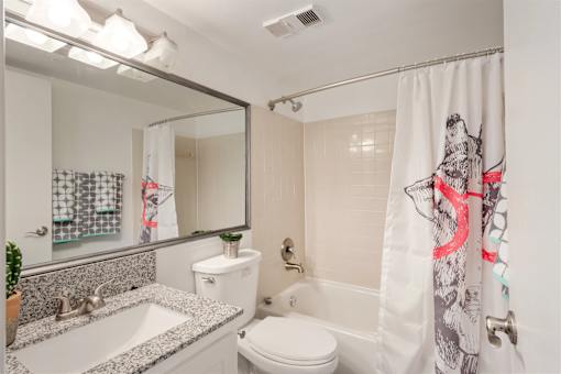 A bathroom with a white toilet, sink, and shower curtain.