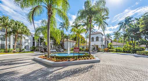 A sunny day at a residential area with a pool and palm trees.