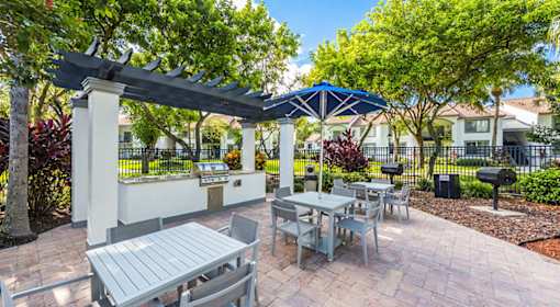A patio with a table and chairs under a blue umbrella.