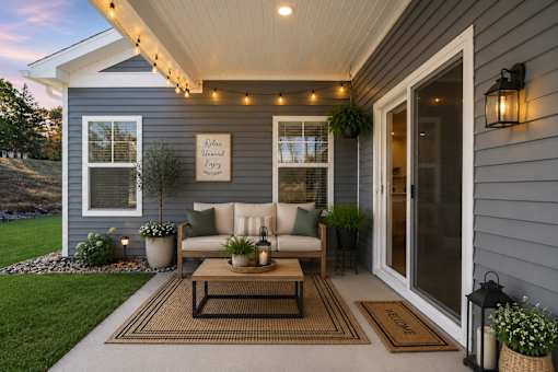 A patio with a couch, table, and plants.