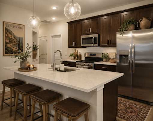A kitchen with a white countertop and brown stools.