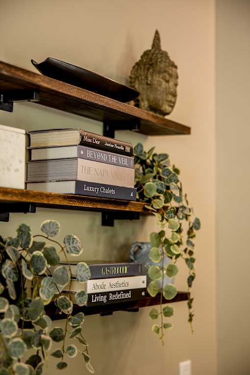 A shelf with books and a plant.