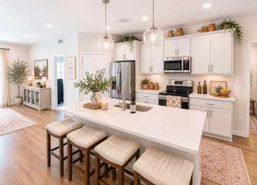 A modern kitchen with white cabinets and a central island.