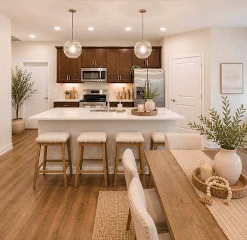 A modern kitchen with a wooden table and bar stools.