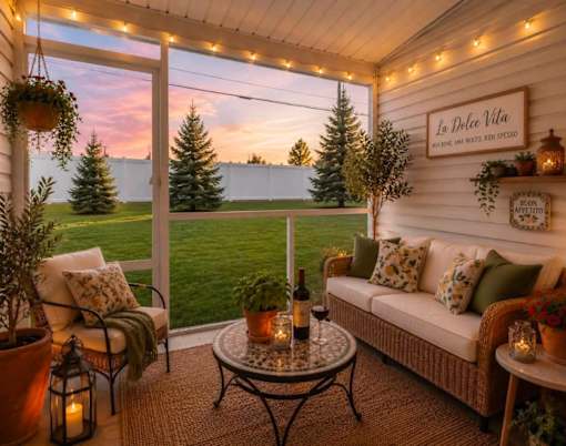 A cozy outdoor patio with a couch, table, and a view of the lawn and trees.