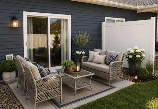 A patio with a sofa, chairs, and a coffee table.