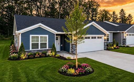 A blue house with a white garage door and a tree in the front yard.