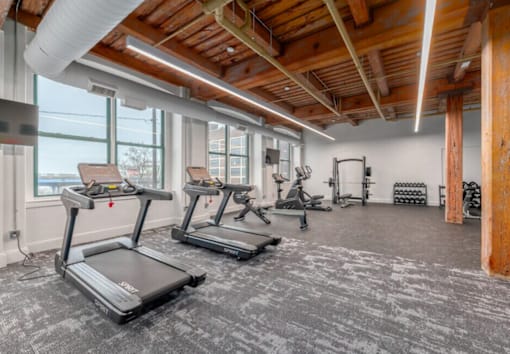 Gym with treadmills at Shorehaus Lofts Apartments, Ohio