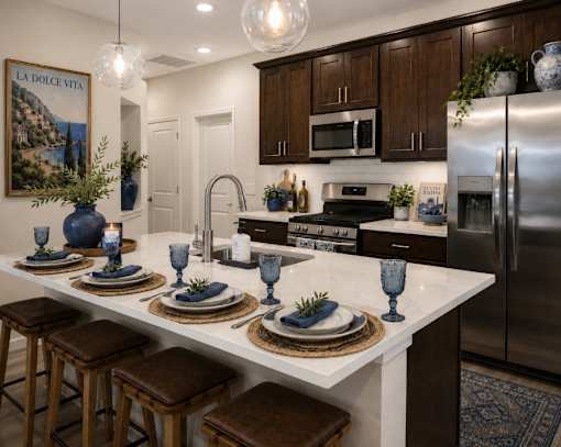 A kitchen with a white countertop and brown stools.