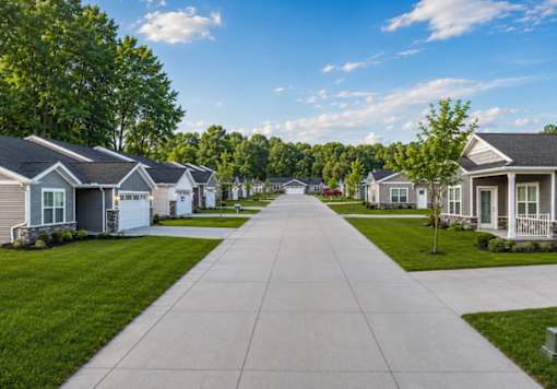 A row of houses with a sidewalk in front.