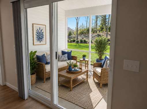 A living room with a view of a backyard through a sliding glass door.