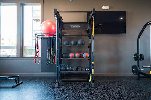 A gym with a TRX suspension trainer, a red ball, and a bench.at Eastpark Apartment Homes, Salem, OR