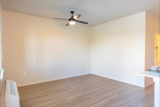 A room with a ceiling fan and light fixture.